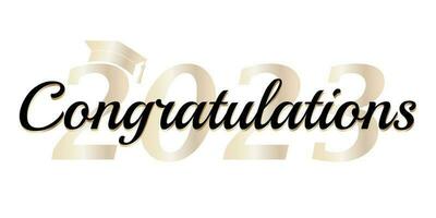 Congratulations graduates class of 2023, black text, gold, graduation cap, isolated on white background, banner, card vector