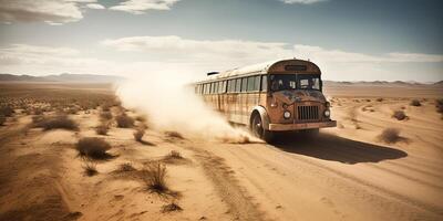 . . Photo realistic illustration of bus riding in the desrt on the road. Mad Max movie inspired. Graphic Art