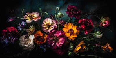 . . Beatiful painted oil drawing flowers. Aesthetics style inspired by dark mood Tim Burton vibe. Graphic Art photo