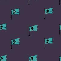 Pirate sea flat vector seamless pattern. Sailing backdrop. Anchor, map, compass, spyglass, bottle with rum and steering wheel on white background. Black pirate flag with crossed bones texture.