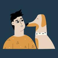 Young guy with his dog portrait. Vector illustration in hand drawn style