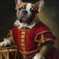 . . Photo realistic illustration of cute french bulldog frenchie dog in history renaissance cloth costume. Graphic Art