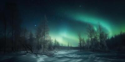 . Photo realistic illustration of aurora northern light. Adventure expidition vibe. . Graphic Art