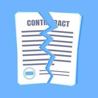 Contract cancellation business concept. Terminated tearing contract paper sheet breach flat style design vector illustration isolated on white background.