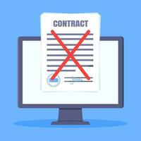 Contract cancellation business concept. Terminated tearing contract paper sheet breach pop up above PC monitor flat style design vector illustration isolated on white background.