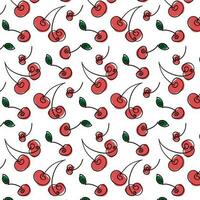 Doodle style seamless pattern with cherries and cherry leaves on white background vector