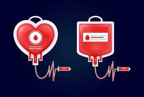 Blood Donor Day, regular and heart shaped blood bag 3d vector elements. Suitable for design elements