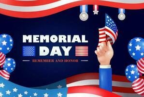 monumento día - recuerda y honor con unido estados bandera 3d vector elementos, mano participación banderas, globos y medallas