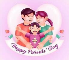 Happy Parents Day. 3d vector illustration. Happy family, father and mother hugging child. suitable for templates, greetings, cards, posters and banners