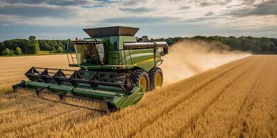 . . Harvester combine ctractor at sunset field of wheat grain plant. Farmer outdoor inspirational vibe. Graphic Art photo