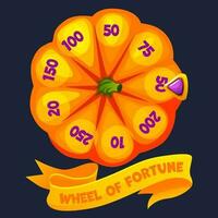 Halloween Wheel of Fortune, button rotation. 2D game asset. Halloween Bonus Popup and golden ribbon. vector