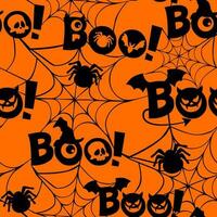 Seamless pattern with text Boo, spider web, eyes, scull and monster. Flat design. Simple halloween symbols on orange background. vector