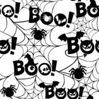 Seamless pattern with text Boo, spider web, eyes, scull and monster. Flat design. vector