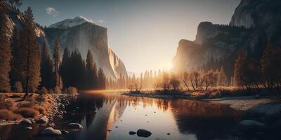 . . Photo realistic illustration of usa american Yosemite national park in the evening morning. Adventure explore vibe. Graphic Art