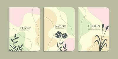 set of book cover designs with hand drawn floral decorations. abstract botanical background.size A4 For notebooks, books, cover, diary, schoolbook, planners, brochures, books, catalogs vector