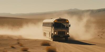 . . Photo realistic illustration of bus riding in the desrt on the road. Mad Max movie inspired. Graphic Art