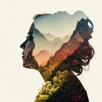 . . Double exposure photo realistic illustration of combine pretty young girl and nature forest mountaines landscape. Adventure explore free sould vibe. Graphic Art