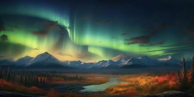 . Photo realistic illustration of aurora northern light. Adventure expidition vibe. . Graphic Art