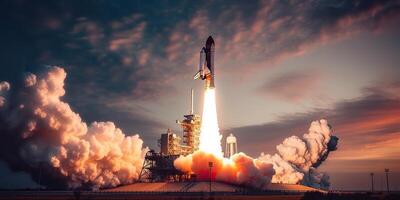 . . Photo realistic illustration of rocket shutle ship nasa launching. Adventure space travel explore vibe. Graphic Art