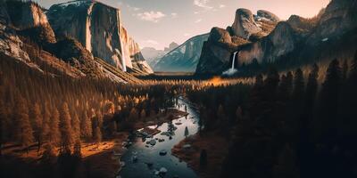 . . Photo realistic illustration of usa american Yosemite national park in the evening morning. Adventure explore vibe. Graphic Art