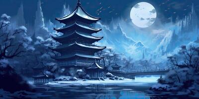 . Asian chinese cartoon style blue colors pagoda temple tower landscape. . Graphic Art photo