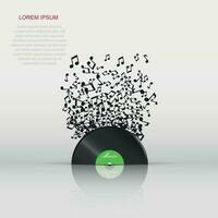 Vinyl disk with flying sound note. Music disk vector illustration. Sound record.