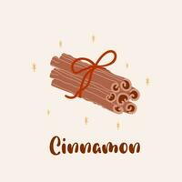 Cinnamon stick isolated graphic element. Cinnamon isolated vector hand drawn illustration. Spiced oodle icon in cute cartoon style. Winter holiday seasoning for hot drinks and pastries. Aromatic bark.