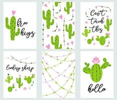 Set cute ready-to-use gift tags with cactus. Cactus, hearts, cacti and quotes text. Printable collection of hand drawn cactus label in ggreen pink colors. Vector badge design print banner template