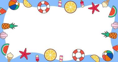 4k bunt Sommer- Hintergrund Animation mit Raum Bereich. Früchte, orange, Eis Creme, und Strand Ball. video