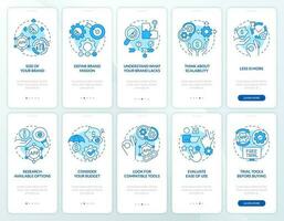 Selection company tools advices blue onboarding mobile app screen set. Walkthrough 5 steps editable graphic instructions with linear concepts. UI, UX, GUI template vector