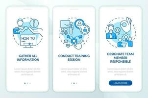 Adjusting business app tips blue onboarding mobile app screen. Walkthrough 3 steps editable graphic instructions with linear concepts. UI, UX, GUI template vector