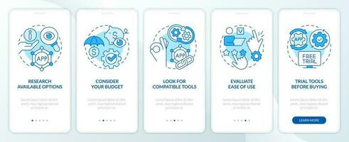 Selecting business tools tips blue onboarding mobile app screen. Walkthrough 5 steps editable graphic instructions with linear concepts. UI, UX, GUI template vector