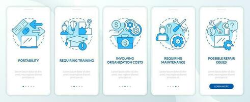 Business hardware selection blue onboarding mobile app screen. Walkthrough 5 steps editable graphic instructions with linear concepts. UI, UX, GUI template vector