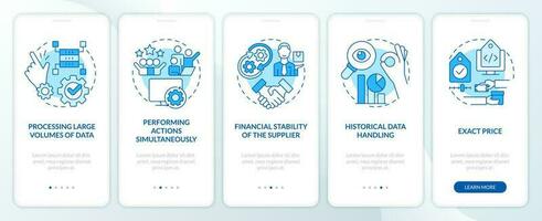 Aspects for choose corporate tools blue onboarding mobile app screen. Walkthrough 5 steps editable graphic instructions with linear concepts. UI, UX, GUI template vector