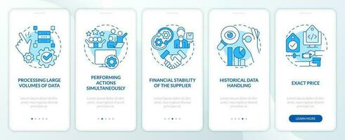 Aspects for choose corporate tools blue onboarding mobile app screen. Walkthrough 5 steps editable graphic instructions with linear concepts. UI, UX, GUI template vector