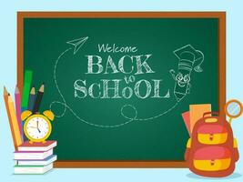 Sketching Welcome Back To School Text with Cartoon Pencil wearing Mortarboard on Green Chalkboard and Supplies Elements. vector