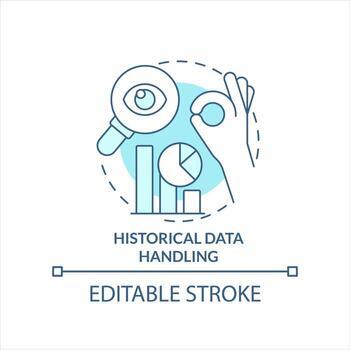 Historical data handling turquoise concept icon. Research working process abstract idea thin line illustration. Isolated outline drawing. Editable stroke vector