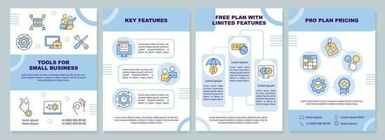 Tools for small business blue brochure template. Find solution. Leaflet design with linear icons. Editable 4 vector layouts for presentation, annual reports