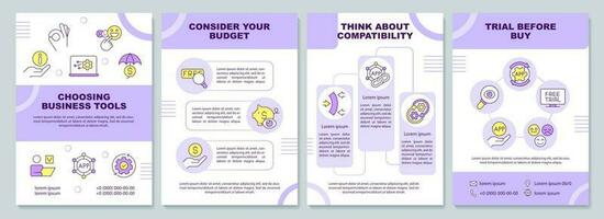 Choosing business tools purple brochure template. Advices. Leaflet design with linear icons. Editable 4 vector layouts for presentation, annual reports