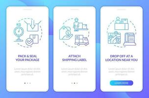 Sending parcel tips blue gradient onboarding mobile app screen. Walkthrough 3 steps graphic instructions with linear blue gradient concepts. UI, UX, GUI template vector