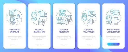 Postal services blue gradient onboarding mobile app screen. Walkthrough 5 steps graphic instructions with linear blue gradient concepts. UI, UX, GUI template vector