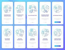 Shipping service blue gradient onboarding mobile app screen. Walkthrough 5 steps graphic instructions with linear blue gradient concepts. UI, UX, GUI template vector