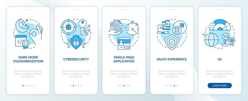 Digital technology trends blue onboarding mobile app screen. Walkthrough 5 steps editable graphic instructions with linear concepts. UI, UX, GUI template vector