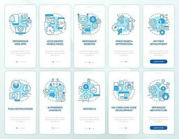 Web development trends blue onboarding mobile app screen set. Walkthrough 5 steps editable graphic instructions with linear concepts. UI, UX, GUI template vector