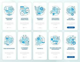 Web development trends blue onboarding mobile app screen set. Walkthrough 5 steps editable graphic instructions with linear concepts. UI, UX, GUI template vector