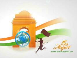 3D India Gate Monument with Ashoka Wheel and Brown Silhouette Man holding Indian Flag on White Background for 15th August, Happy Independence Day Concept. vector
