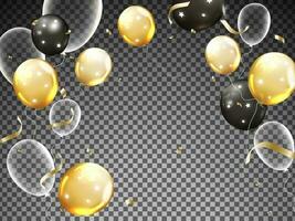 Shiny Balloons with Golden Confetti Decorated on Black Transparent Background. vector