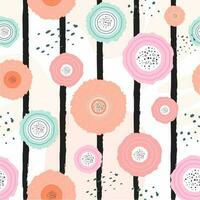 Seamless Creative Flowers and Black Brush Stripes on White Background. vector