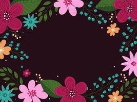 Burgundy Brown Background Decorated with Colorful Flowers, Buds and Leaves. vector