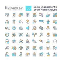 Social engagement RGB color icons set. Users involvement. Social media analysis. Isolated vector illustrations. Simple filled line drawings collection. Editable stroke